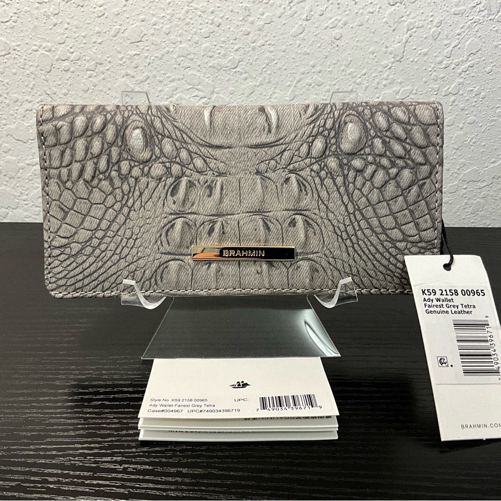 Brahmin Ady FAIREST GREY TETRA slim Leather Wallet NWT